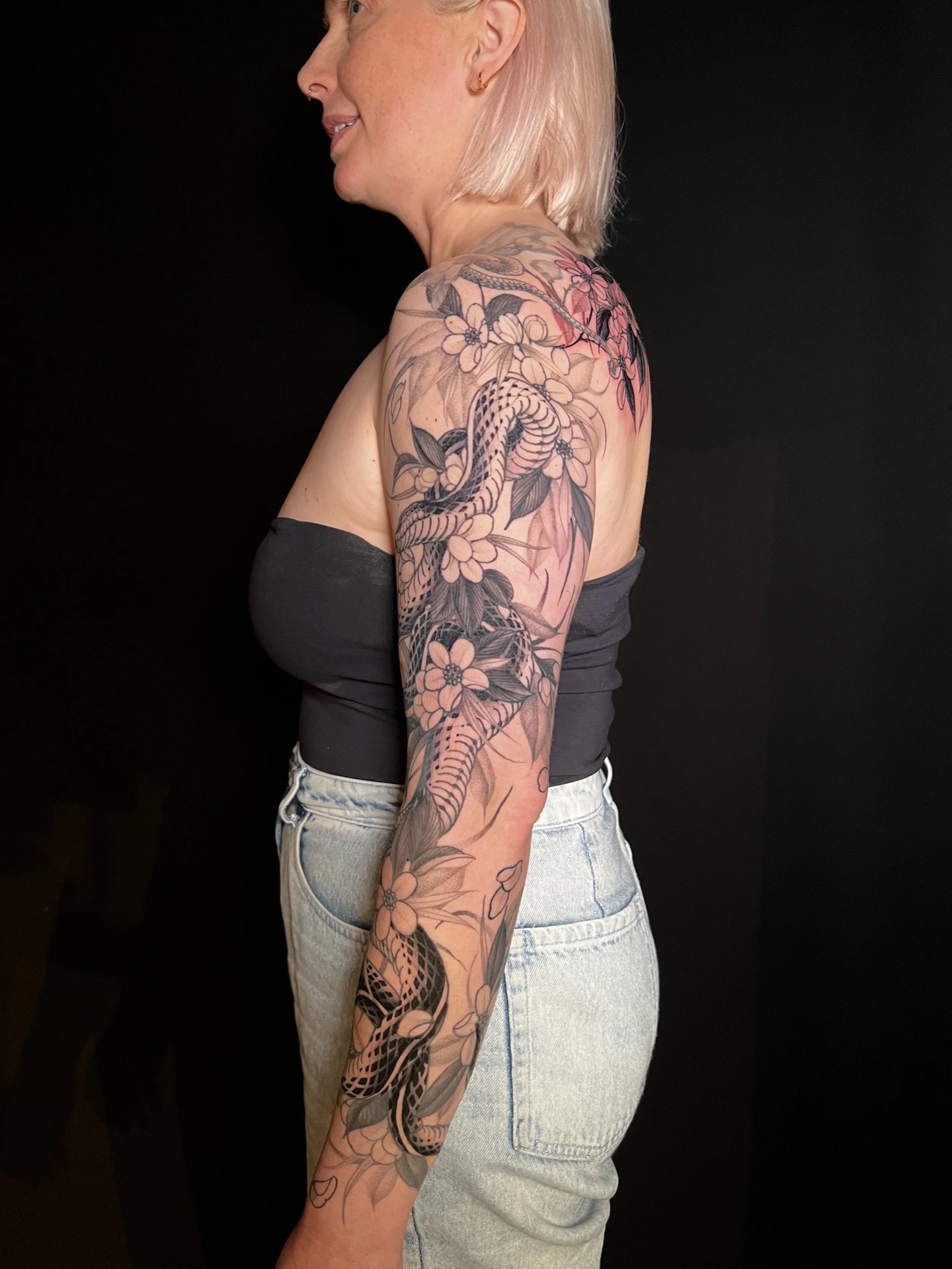 Snake and cherry blossom sleeve, black and grey, by Levi Taylor, NEST Studio Melbourne