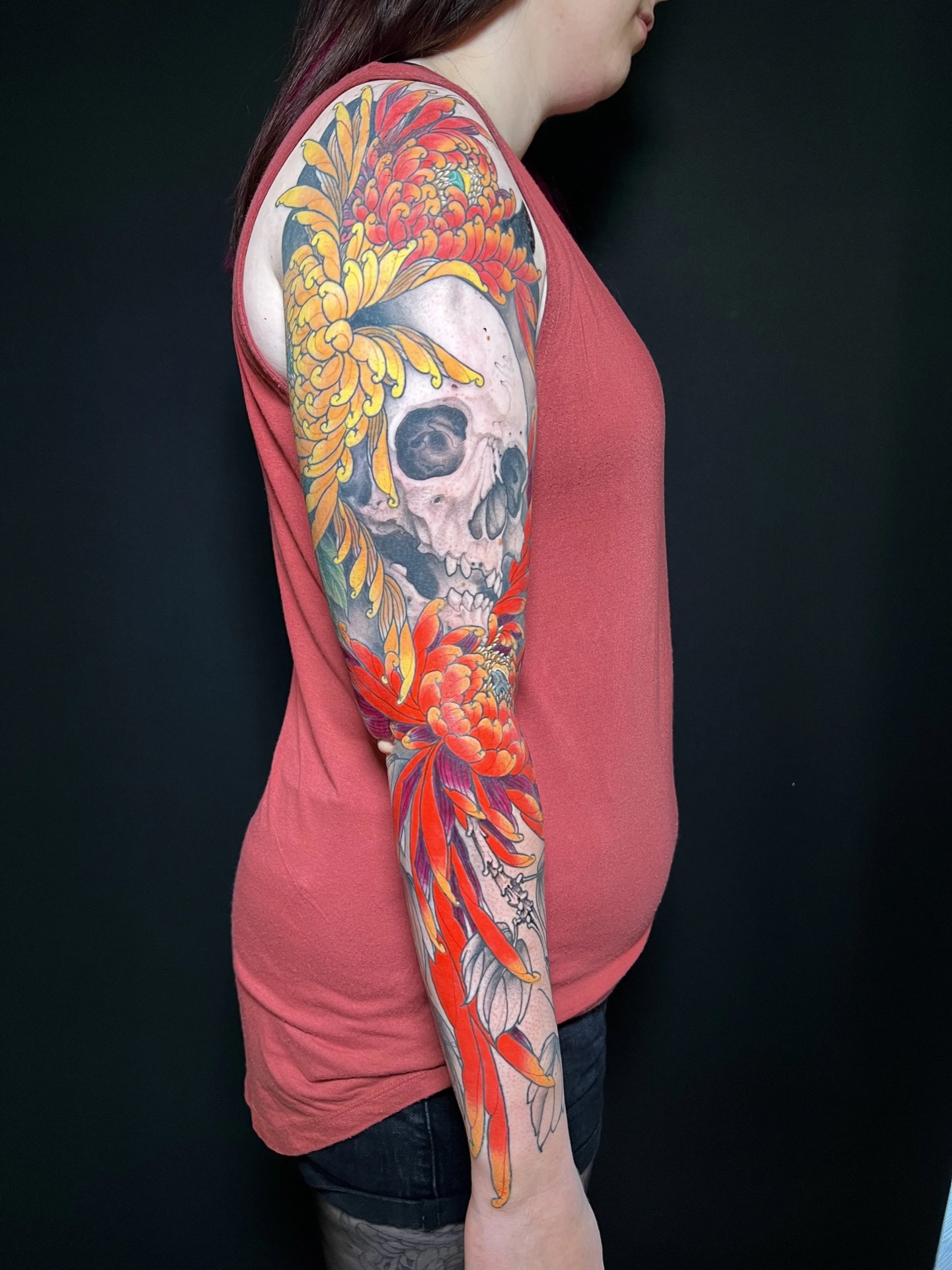Chrysanthemum and skull colour sleeve by Levi Taylor, NEST Studio Melbourne