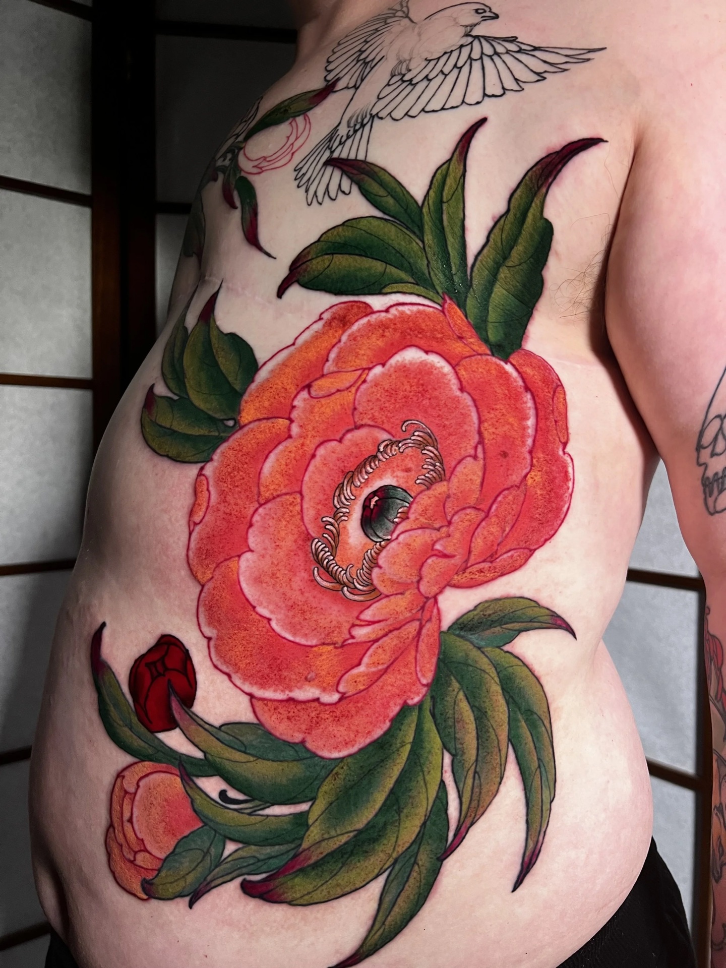 Colour peony Japanese tattoo by Levi Taylor, NEST Studio Melbourne