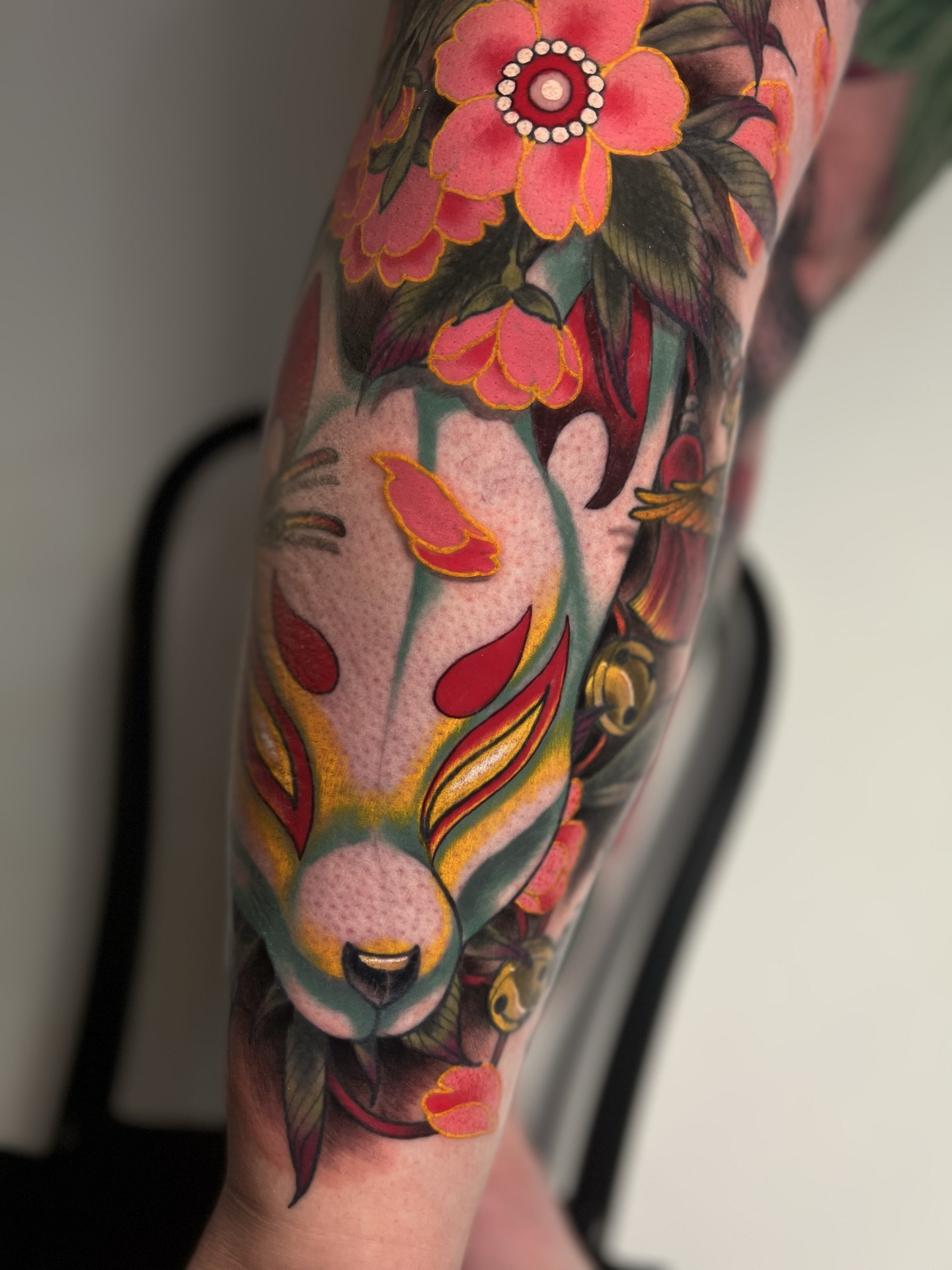 Kitsune fox mask and cherry blossom, colour tattoo by Levi Taylor
