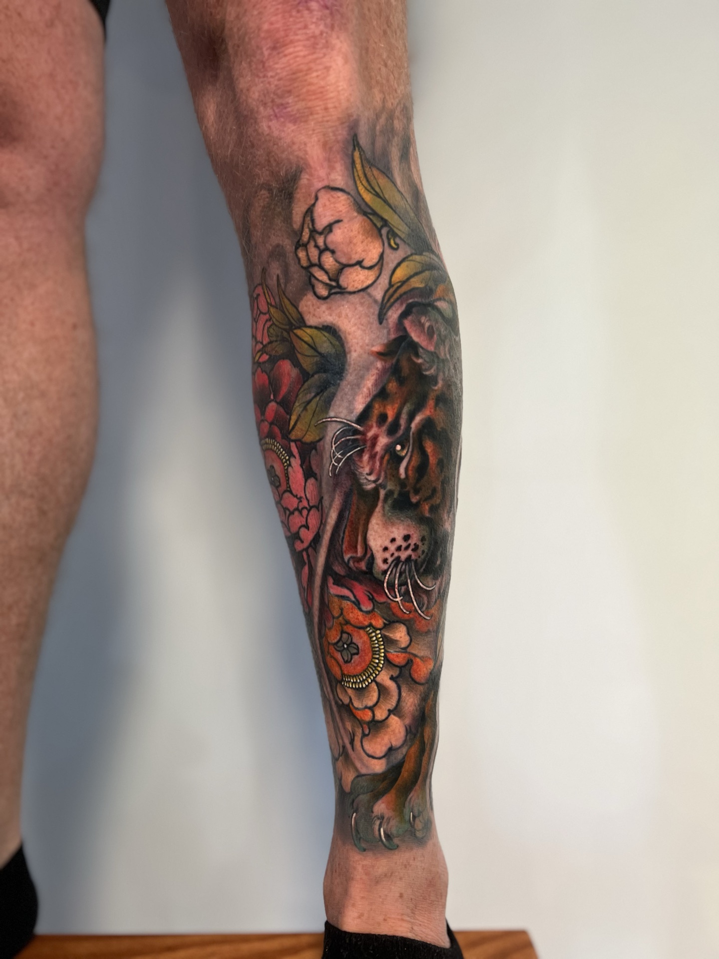 Neo-Japanese tiger and peony leg sleeve by Levi Taylor, NEST Studio Melbourne